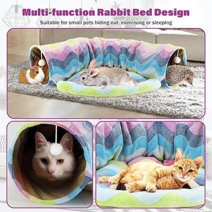 BWOGUE Bunny Tunnel Bed, 2-in-1 Collapsible Tunnel Tubes Toys with Removable Mat Hideout for Cats Kittens Rabbits Guinea Pigs Kitty
