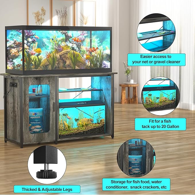 55-75 Gallon Fish Tank Stand, Reversible Heavy Duty Metal Aquarium Stand with Cabinet for Fish Tank Accessories Storage, Turtle/Reptile Terrariums, Black Oak