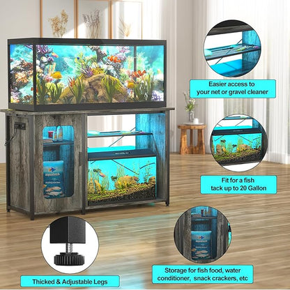 55-75 Gallon Fish Tank Stand, Reversible Heavy Duty Metal Aquarium Stand with Cabinet for Fish Tank Accessories Storage, Turtle/Reptile Terrariums, Black Oak