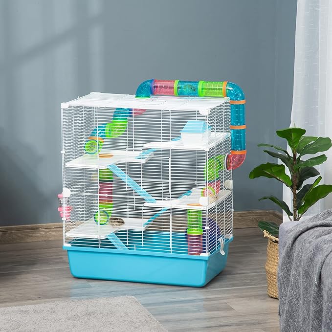 PawHut Extra Large 23" Hamster Cage with Tubes and Tunnels, Portable Carry Handles, Rat House and Habitats Big 5-Tier Design, Mouse Cage Includes Exercise Wheel, Water Bottle, Food Dish, Light Blue