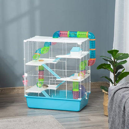 PawHut Extra Large 23" Hamster Cage with Tubes and Tunnels, Portable Carry Handles, Rat House and Habitats Big 5-Tier Design, Mouse Cage Includes Exercise Wheel, Water Bottle, Food Dish, Light Blue