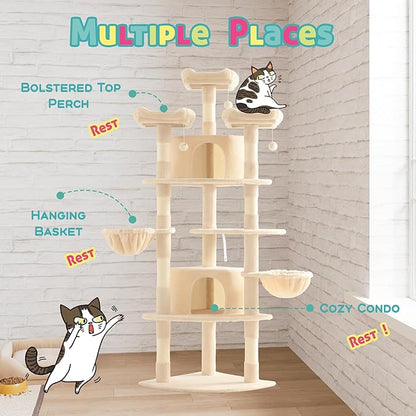 SHA CERLIN 73in Fan-Shaped Corner Cat Tower for Save Space/Multi-Level Tall Cat Tree for Indoor Kitties/Condo with Baskets/Cozy Perches/Sisal Scratching Posts/Pet Activity House/Beige