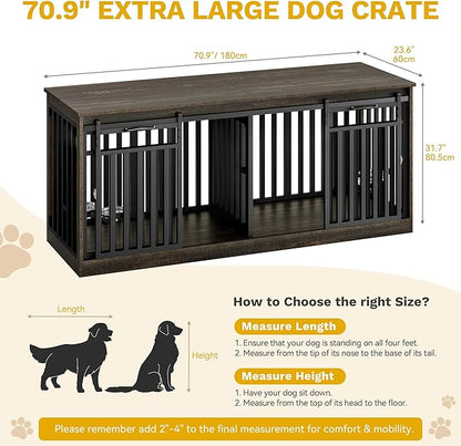 DWVO 71" Double Dog Crate Furniture for 2 Medium Dogs, Heavy Duty Wood Dual Dog Kennel TV Stand with Sliding Doors, Decorative Wooden 2 Dog Cage Table with Dog Bowls for Extra Large Dogs Black Oak