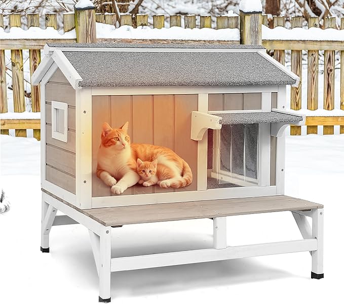 Insulated Cat House Weatherproof Outdoor Feral Cats Shelter Warm Home for Winter Indoor Cat Condo Elevated 8.3" Platform Balcony Waterproof Roof for1-3 Community Cats Small Pets