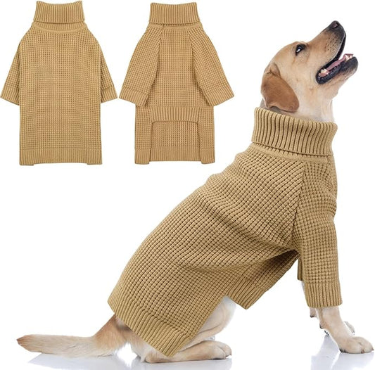 Queenmore Turtleneck Long Sleeve Knitted Sweater with Check Pattern, Warm Dog & Cat Sweater for Small to 3XL, Brown