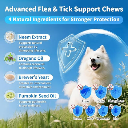 Dog Flea and Tick Support Chewable, Natural Dog Flea Comfort Supplement, Oral Chews with Neem, Oregano Oil, Pumpkin Seed Oil & Brewer's Yeast – 135 Soft Chews, Chicken Flavor – for All Breeds & Sizes