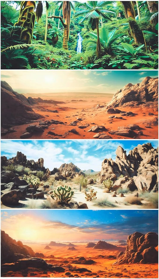Breling 4 Pcs 30 x 11.8 Inch Reptile Habitat Background with Nano Glue Gobi Sun Cactus Stone and Green Tree Fern Stream Terrarium Background Polyester Durable Aquarium Accessories