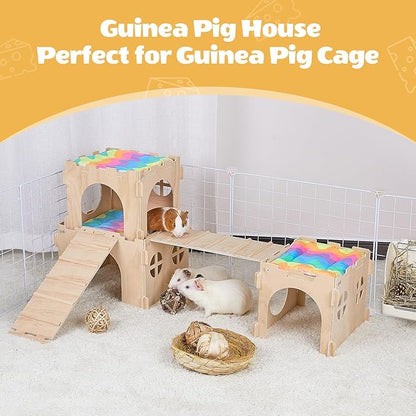 Guinea Pig Hideout, Guinea Pigs House with Stairs and Mats Extra Large Guinea Piggy Castle Detachable Hideouts for Small Animals Wooden Guinea Pig Habitats with Multiple Doors and Windows
