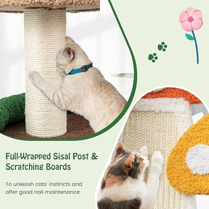 Tangkula Mushroom Cat Tree, Cute Cat Tower with Full-Wrapped Sisal Post, Scratching Board & Spring Ball, Cat Condo, Flower Cat Tree Tower for Indoor Cats Large Adult (40.5 Inch)
