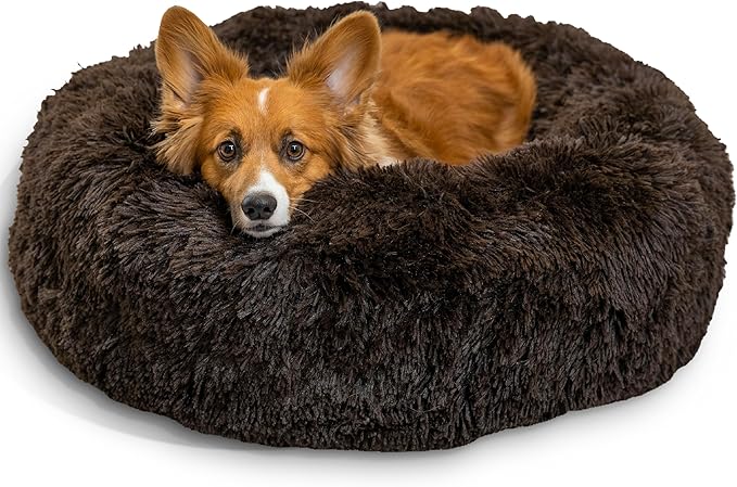 Best Friends by Sheri Original Calming Donut Dog and Cat Bed, Shag Faux Fur, Dark Brown, (30in x 30in) - Anxiety Relief for Pets Up to 45 lbs