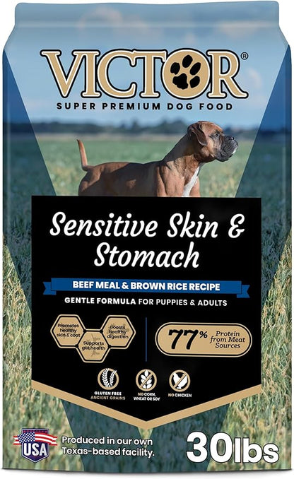 VICTOR Super Premium Dog Food — Sensitive Skin and Stomach — Beef Meal & Brown Rice Recipe Dry Kibble — Gluten Free, No Chicken, Ideal for Dogs with Allergies — Adult and Puppy Food, 30 lb