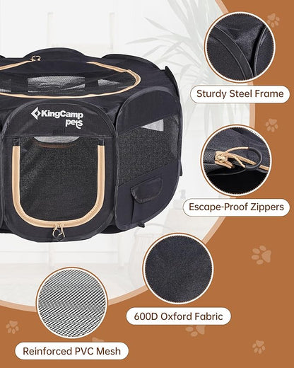 KingCamp Dog Playpen, Portable Foldable Cat Kitten Puppy Tent Crates 29"/36"/50" Pop Up Pet Playpen with Zippered Bottom & Cover for Indoor Outdoor Use (X-Large, Jet Black)
