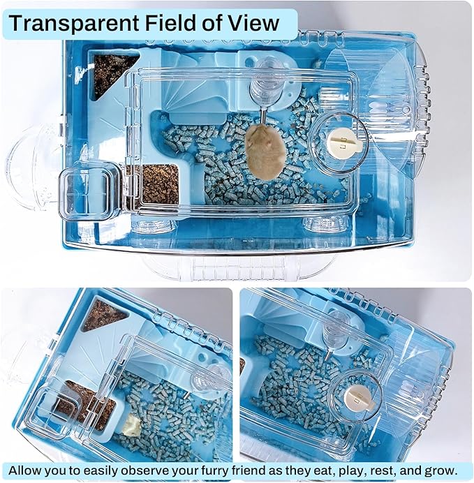 Tfwadmx Dwarf Hamster Cage,Acrylic Rat Cage,Hamster Home Small Animal Cages with Tube Exercise Wheel Mouse Habitat for Gerbils Mice 17.7”x11”x11.8”, Blue