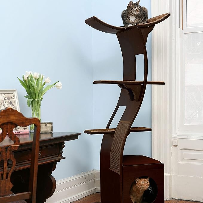 THE REFINED FELINE 69 Inch Tall Black Espresso Lotus Cat Tower, Multi-Level Modern Cat Tree for Indoor Cats with Scratching Post, Climbing Cat Condo with Cushioned Cubby