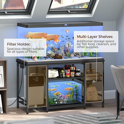 55-75 Gallon Fish Tank Stand with Power Outlet, 3-Tier Metal Frame Aquarium Stand, Heavy Duty Reptile Terrarium Tank Stand, 52.0" L x 19.7" W x 29.9" H, 800 LBS Capacity, Black FTBK55E01