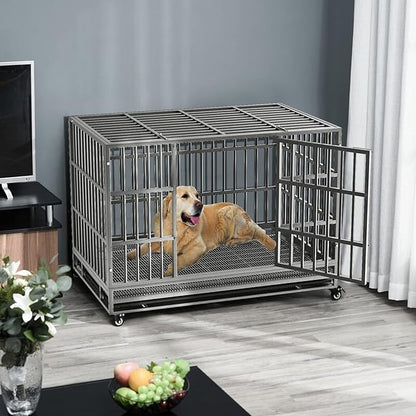 LEMBERI 48/38 inch Heavy Duty Indestructible Dog Crate, Escape Proof Dog Cage Kennel with Lockable Wheels,High Anxiety Double Door Dog Crate,Extra Large Crate Indoor for Large Dog with Removable Tray