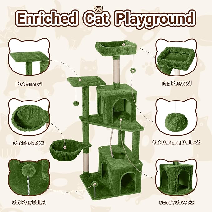 Cat Tree, 54-Inch Cat Tower for Indoor Cats,Plush Multi-Level Cat Condo with Scratching Posts, Basket, Perches,2 Caves,2 Pompoms(Green)