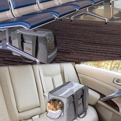 Cat Carrier Bag for Pets Up to 15 Lbs, Fully Open Mesh Roof, Side Vent & 3 Storage Pockets, Cat Dog Crate Travel Bag, Portable & Comfort Soft-Sided Dog Travel Bag, Grey