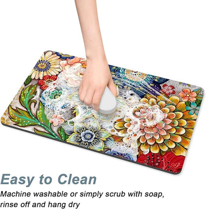 Rnivvi Dog Food Mat, 12" x 19" Flower Absorbent Dog Cat Bowl Mat for Food and Water, Cute Anti-Slip Rubber Pet Feeding Rug Protect Floors, Puppy Placemat for Feeding & Watering Supplies,Mandala Floral