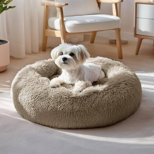 Deconovo Calming Donut Dog Bed, Washable Plush Round Pet Bed for Small Dogs & Cats with Raised Rim, Non-Slip Base and Soft Faux Fur—Lightweight, Easy-Care Design Camel 21" L x 21" W x 8" Th