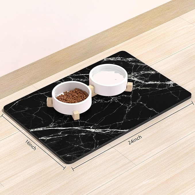 Rnivvi Dog Food Mat, 16" x 24" Marble Absorbent Dog Cat Bowl Mat for Food and Water, Cute Anti-Slip Rubber Pet Feeding Rug Protect Floors, Puppy Placemat for Feeding & Watering Supplies, Black