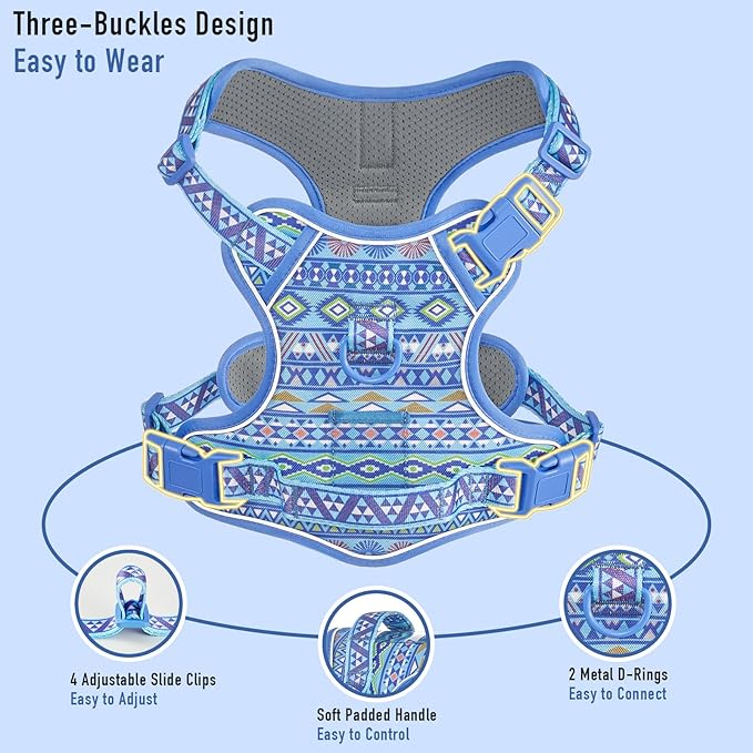Dog Harness for Extra Large Dog Breeds, No Pull Adjustable Pet Harness with Handle, Reflective Dog Vest for Walking Hiking Training, Blue Ethnic, XL