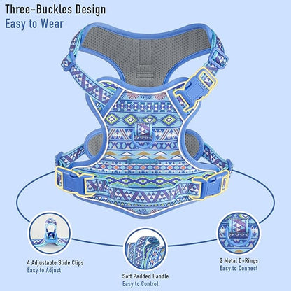 Dog Harness for Extra Large Dog Breeds, No Pull Adjustable Pet Harness with Handle, Reflective Dog Vest for Walking Hiking Training, Blue Ethnic, XL
