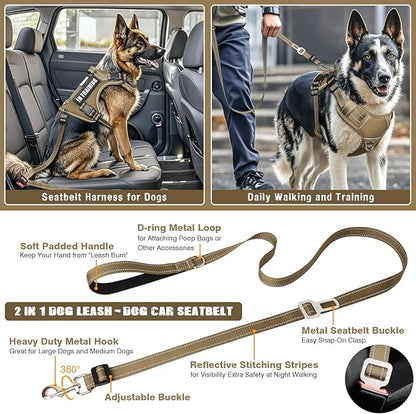 Tactical Dog Harness and Leash Set for Large Dogs,Heavy Duty No Pull Service Dog Vest and 10 Patches with Dog Seat Belt,Reflective Adjustable Pet Harness for Training Walking Hiking Brown XL