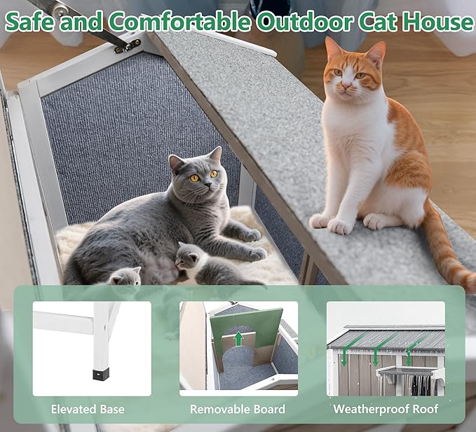 Insulated Cat House Weatherproof Outdoor Feral Cats Shelter Warm Home for Winter Indoor Cat Condo Elevated 8.3" Platform Balcony Waterproof Roof for1-3 Community Cats Small Pets