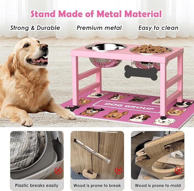 Elevated Dog Bowls, 10" Tall Height, ADENGL Raised Bowl Stand with 2 Stainless Steel Food Feeder Bowls (60oz) and Spill-Proof Mat for Medium Large ＆ Small Breeds, Pink