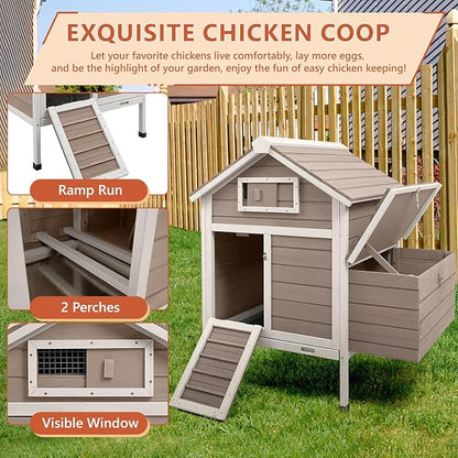Large Chicken House Outdoor with 2 Nesting Box, Small Wood Chicken Coop Hen House with Removable Trays, Ramp, Outdoor Indoor Rabbit Hutch Poultry Cage (32" L x 23.6" W x 36.6" H)