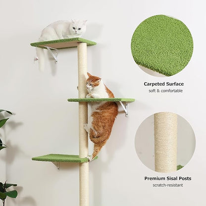 Tall Cat Scratching Posts,4 Tier Corner Cats Tree, Wall Mounted Kitten Tower,Carpeted Climbing Wall for Indoor Kitty Perching,Playing and Lookout(Green)
