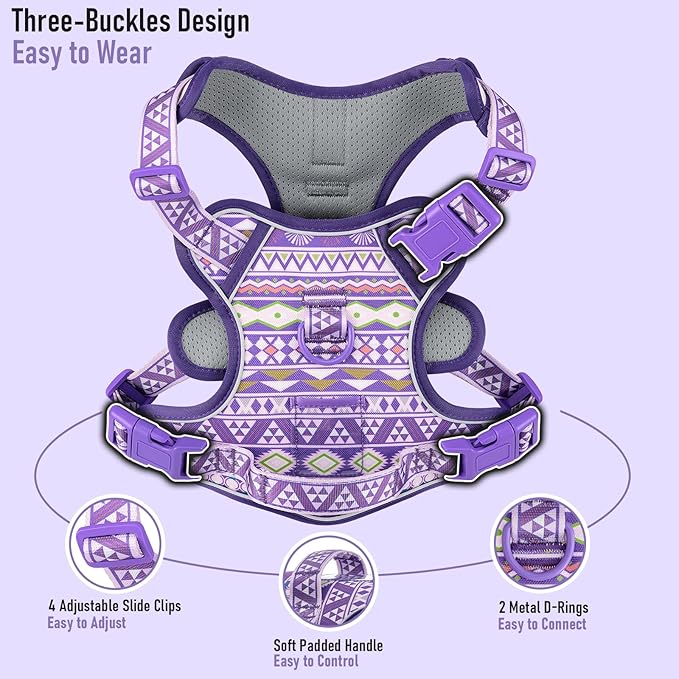 Small Dog No Pull Dog Harness, Pet Harness with ID Card Reflective Strip Soft Padded Handle, Adjustable Vest Harness for Walking Hiking Training, Geometric Pattern, Beagle, Purple Ethnic, S