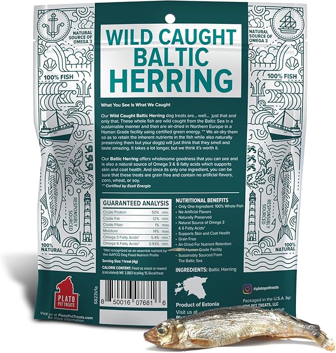 PLATO Pet Treats Fish Dog Treats - Air-Dried, Single Ingredient Dog Treat - with Omega 3 & 6 Fatty Acids to Support Skin and Coat - 100% Whole Fish - Wild Caught Baltic Herring Dog Treats - 3oz