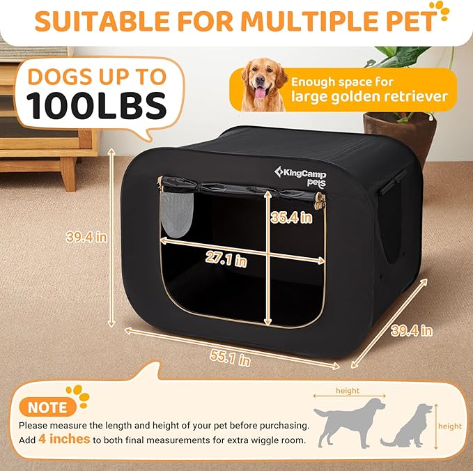 KingCamp XXL Dog Crate, Large Collapsible Pop Up Dog Kennel Tent with Durable 600D Oxford Fabric & Breathable Mesh for Indoor Outdoor Travel, Black, 55" x 39" x 39"