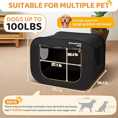 KingCamp XXL Dog Crate, Large Collapsible Pop Up Dog Kennel Tent with Durable 600D Oxford Fabric & Breathable Mesh for Indoor Outdoor Travel, Black, 55" x 39" x 39"