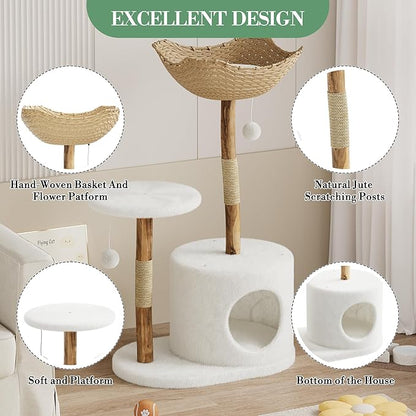 41''Contemporary Natural Wood Cat Tower, Aesthetic Feline Climbing Structure with Spacious Rattan Basket, Scratching Posts, Real Branch Design, White Luxury Perch for Rest and Play