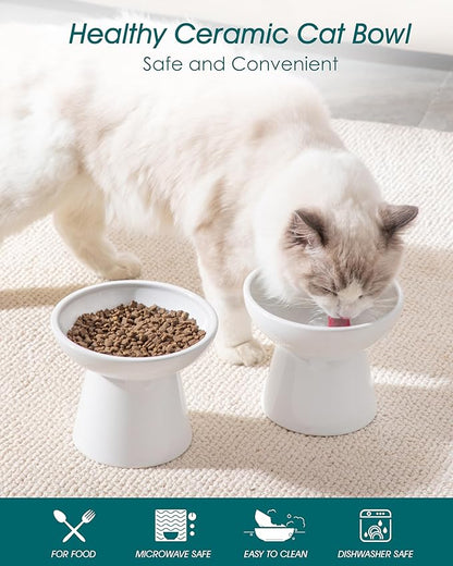 vancasso Elevated Cat Bowls 2-Pack, Ceramic Raised Cat Food and Water Dishes with 5.1" Height & 6.2" Wide Opening - Anti Vomit, Whisker Fatigue Relief for Senior Cats, Kittens and Small Dogs (White)