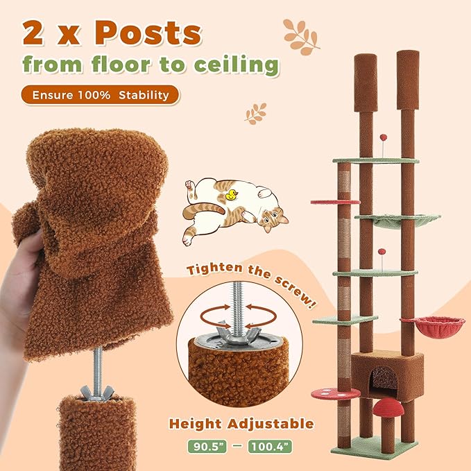 PETEPELA Floor to Ceiling Cat Tree, Adjustable 90.5''-100.4'' Cat Tower Mushroom Climbing Tree with Scratching Posts, Spacious Condo and Large Hammock for Indoor Cats Large Adult, Brown