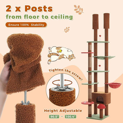 PETEPELA Floor to Ceiling Cat Tree, Adjustable 90.5''-100.4'' Cat Tower Mushroom Climbing Tree with Scratching Posts, Spacious Condo and Large Hammock for Indoor Cats Large Adult, Brown
