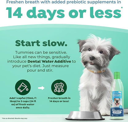 TropiClean Fresh Breath Water Additive for Dogs with Prebiotics, Gut Health for Dogs, Breath Freshener and Teeth Cleaning Solution, 16oz.