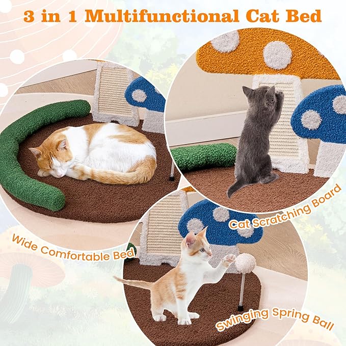 Tangkula Mushroom Cat Bed, Cat Claw Scratcher with Wide Large Platform, Sisal Scratching Panel, Spring Ball, PP Cotton Padded Headrest, Cat Tree House with Interactive Toys for Kittens
