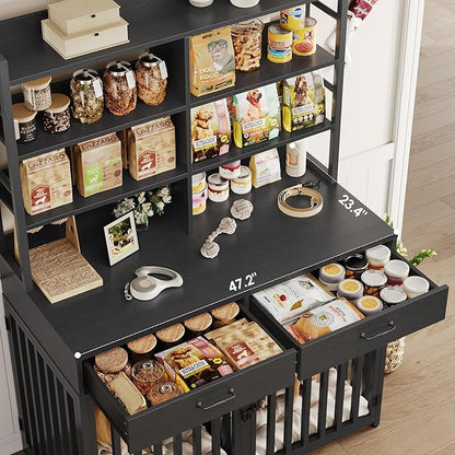 Keyluv 71''H x 47.2''W Large Dog Crate Furniture with 4-Tier Shelves and 2 Storage Drawers, Heavy Duty Dog Cage Furniture with 2 Doors, Wood & Metal Dog Kennel Indoor for Small/Medium/Large Dog, Black