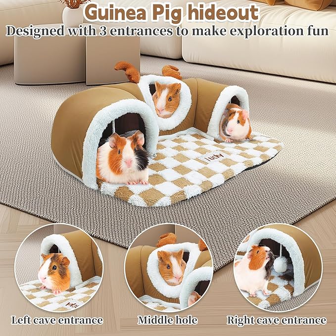 PINVNBY 3 Pcs Guinea Pig Hideout and Tunnel Bed, Removable Soft Bunny Tunnel Tube with Guinea Pig Liner Small Animal Tunnel Toy for Ferrets Hamster Hedgehog Kitty Chinchilla