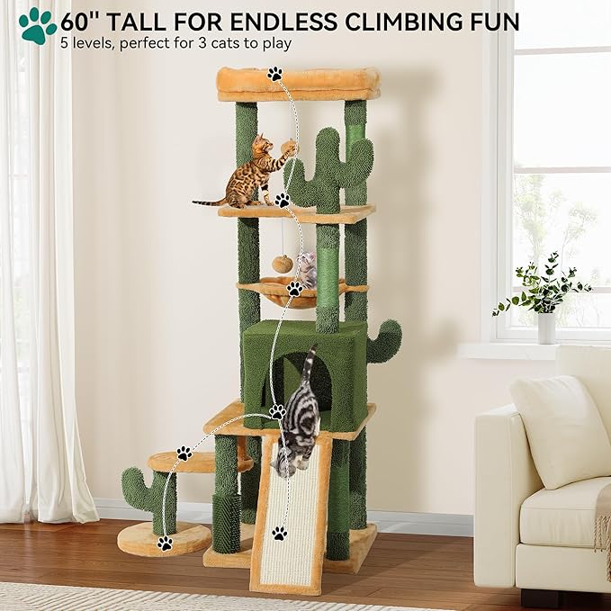 YITAHOME 60in Cactus Cat Tree: Multi-Level Tall Kitty Tower Indoor, Large Kitten Condo with Plush Platform, Hammock, Scratching Posts, and Dangling Balls for 2-3 Cats