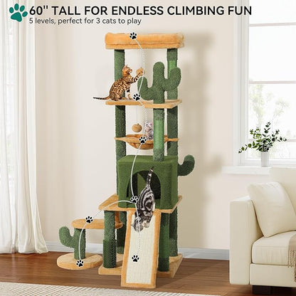 YITAHOME 60in Cactus Cat Tree: Multi-Level Tall Kitty Tower Indoor, Large Kitten Condo with Plush Platform, Hammock, Scratching Posts, and Dangling Balls for 2-3 Cats