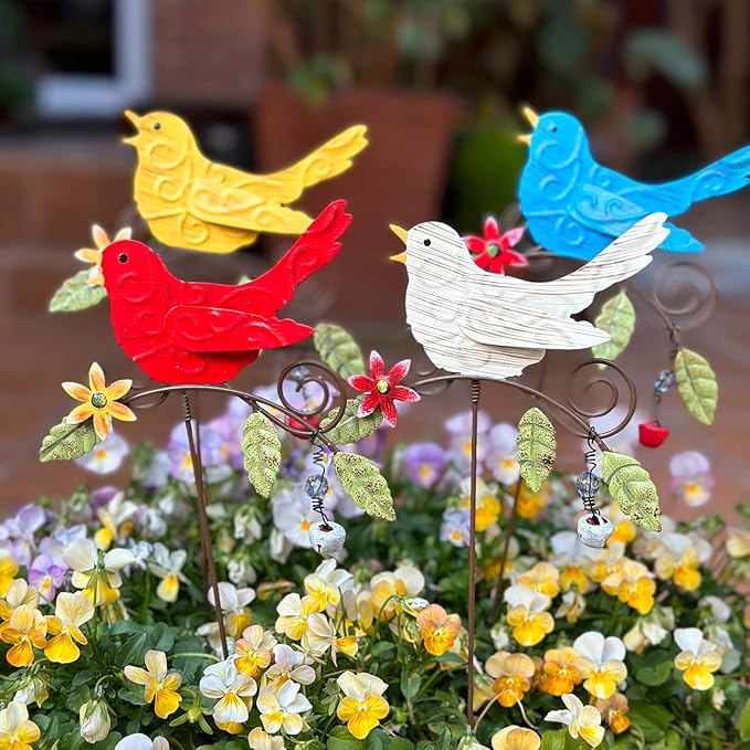 KEDONCHEN.4 Pack Metal Bird Decorative Garden Stakes, Spring Garden Decor,Indoor Outdoor Lawn Pathway Patio Ornaments, 14.2 Inch Outdoor Metal Garden Decor Shaking Head Yard Art …