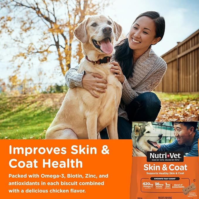 Nutri-Vet Skin & Coat Biscuits for Dogs, Tasty Dog Treat, Skin and Coat Supplement, Omega 3 Fish Oil, Small Sized Biscuit, Made with Omega 3 and Biotin, Fish Oil Treat for Pets, 16 oz(Pack of 2)