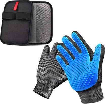 2-in-1 Pet Grooming Glove & Fabric Hair Remover - Reusabie, Silicone Massage Bristles,Static Adhesion for Quiuck Shedding Control,Safe for Dogs & Cats