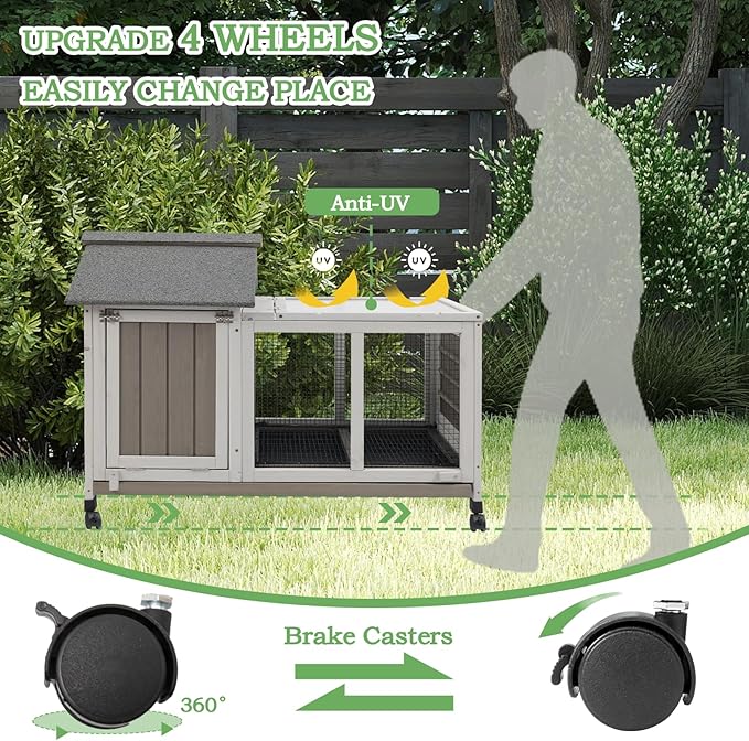 76.38"L Rabbit Hutch Indoor and Outdoor with 8 Wheels,Wooden Rabbit Cage with Pull Out Leak-Proof Tray for 2-4 Rabbits,Bunny Hutch with Asphalt Roof Suitable for Garden,Park,Living Room,Grey